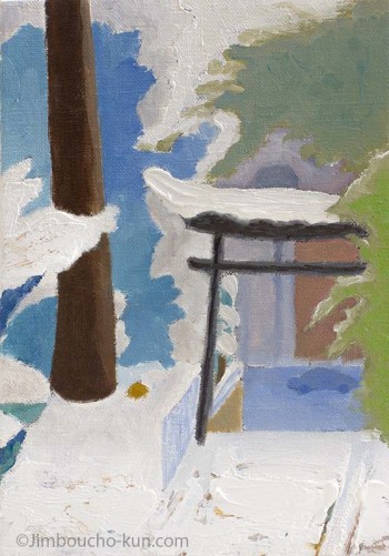 雪の日の神社の鳥居を描いた油絵。